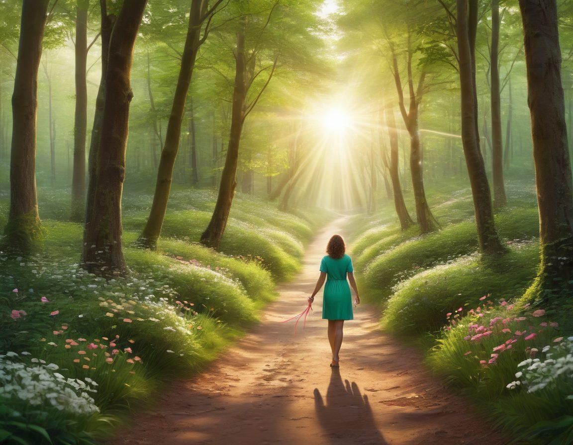 A serene path through a lush green forest symbolizing hope and empowerment, with soft sunlight filtering through the trees. Alongside the path, diverse individuals holding hands, showcasing support in their fight against cancer. Artful symbols of advocacy like ribbons and flowers scattered throughout the scene. The overall ambiance is uplifting and nurturing, inviting reflection and encouragement. vibrant colors. super-realistic.