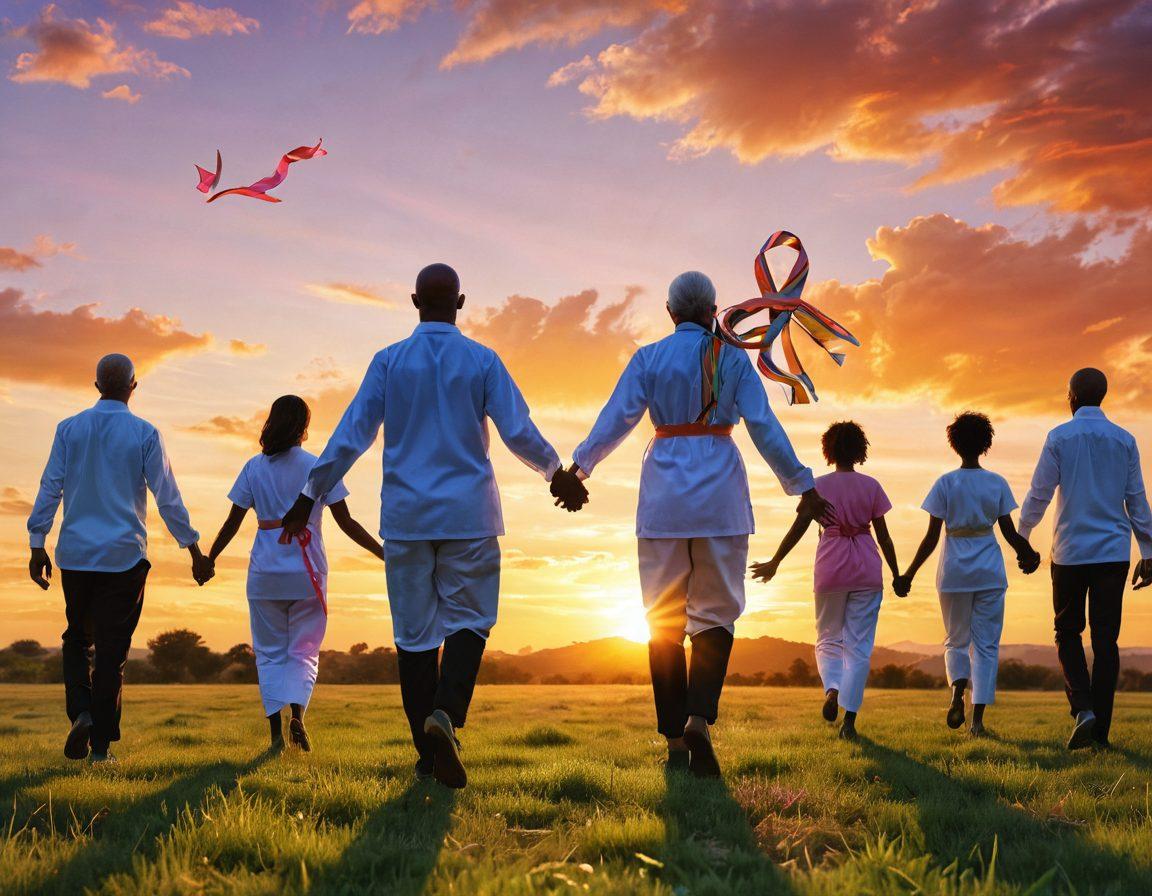 A serene landscape depicting a diverse group of people uniting under a vibrant sunset, symbolizing hope and resilience in cancer care. In the foreground, a healthcare professional and a cancer survivor are joyfully holding hands, representing advocacy and support. Surrounding them are colorful ribbons floating in the wind, each color signifying a different type of cancer. The overall atmosphere is one of warmth, compassion, and empowerment. super-realistic. vibrant colors. inspirational.