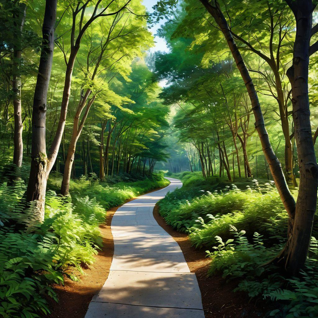 A serene pathway winding through a lush forest, symbolizing the journey from diagnosis to thriving, with milestones marked by supportive community members offering guidance. Include vibrant green trees, uplifting light filtering through the leaves, and individuals of diverse backgrounds sharing smiles and encouragement. The scene conveys hope, growth, and connection. super-realistic. vibrant colors. warm lighting.